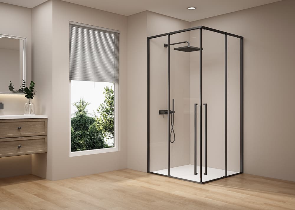 T3 Series Matte Black Aluminum Square Corner Shower Enclosure | Stainless Steel Hardware | TS03-Y22 with precision linkage system, compliant with SGCC, CE, 3C standards