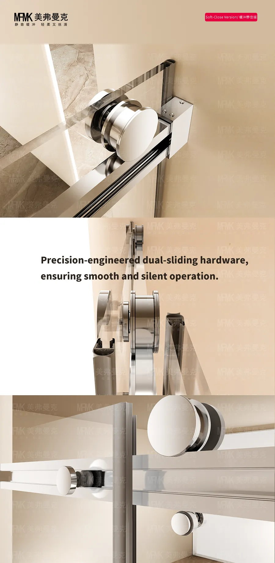 CZ1 Series Frameless Double Sliding Shower Door | Dual Opening Stainless Steel System | CZ01-Y20 gallery 3