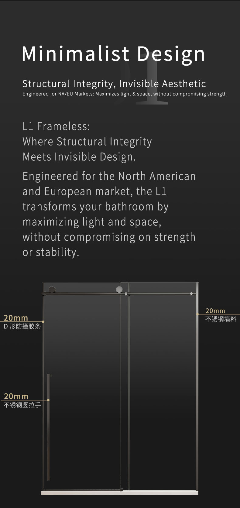 L1 Series Stainless Steel Round Track Sliding Shower Door | Hidden Linkage | LY01-Y11 gallery 2