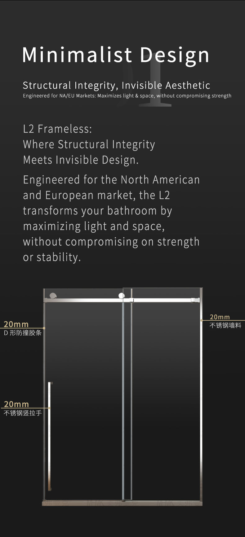 L2 Series Stainless Steel Square Track Sliding Shower Door | Hidden Linkage | LY02-Y11 gallery 2