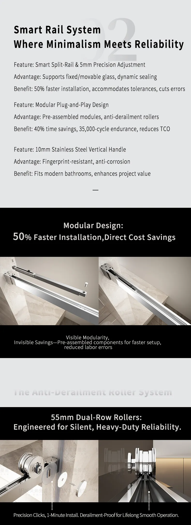 L2 Series Stainless Steel Square Track Sliding Shower Door | Hidden Linkage | LY02-Y11 gallery 6