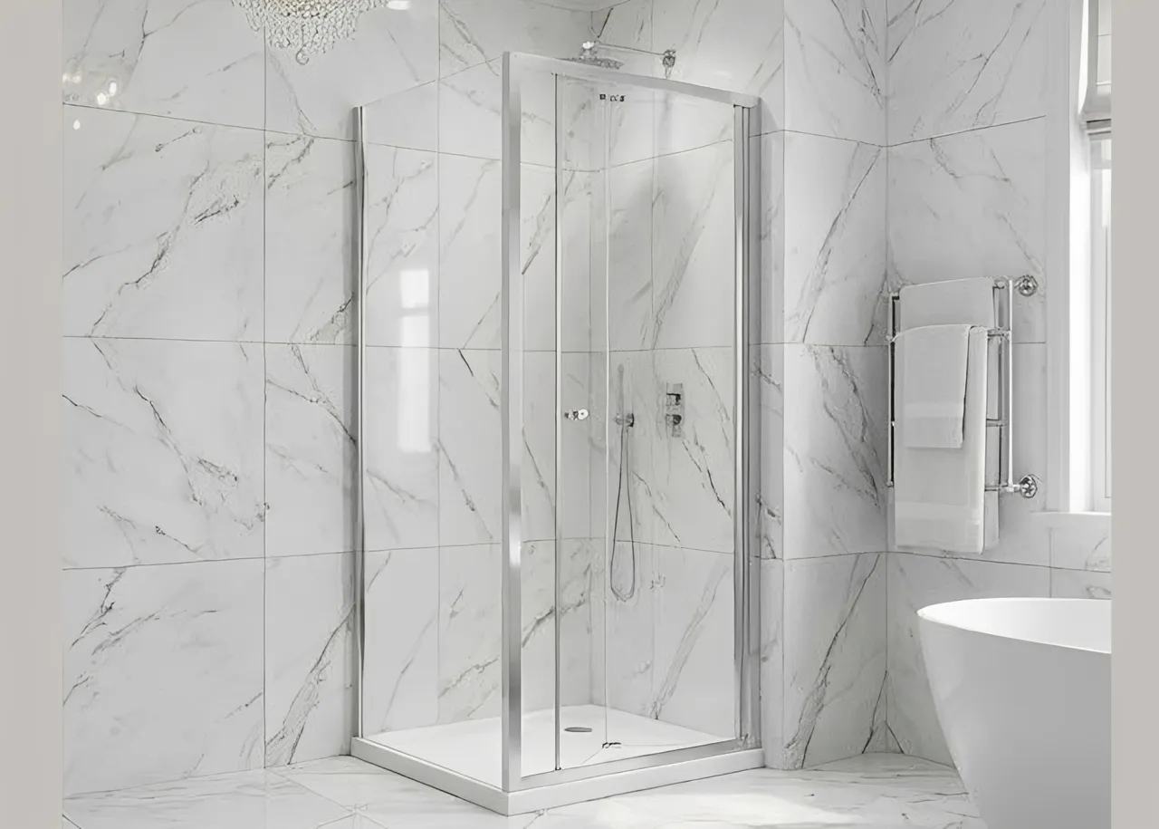 Rectangular Corner Shower Enclosure | Minimalist Hinged Design | Stainless Steel Frame gallery 1