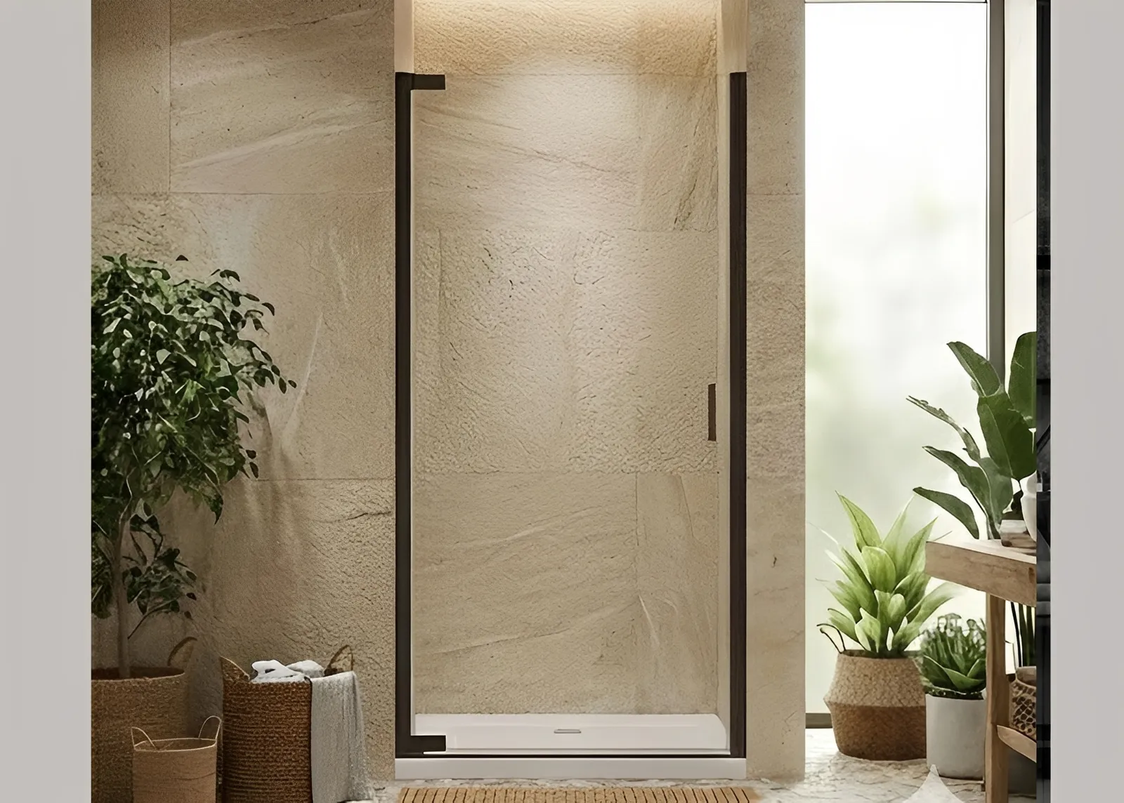 Straight-Line Pivot Shower Door | Aluminum Alloy Frame | 8mm Tempered Glass gallery 2