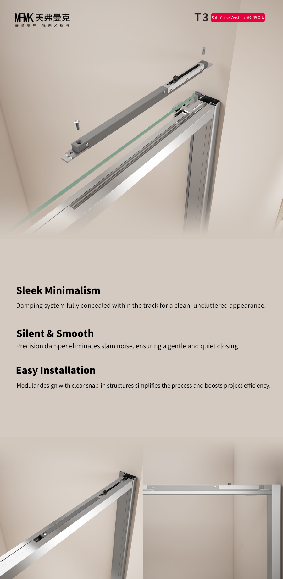 T1 Series Aluminum Alloy Inline Sliding Shower Door | Stainless Steel Hardware | TS01-Y11 gallery 2