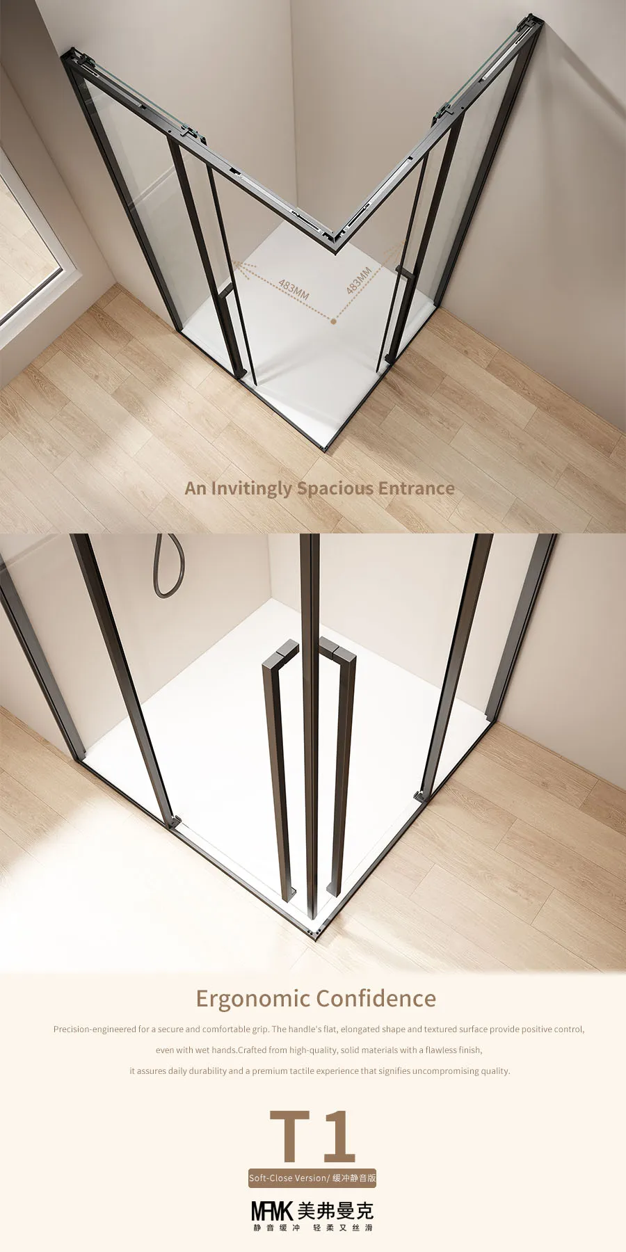 T3 Series Matte Black Aluminum Square Corner Shower Enclosure | Stainless Steel Hardware | TS03-Y22 gallery 3